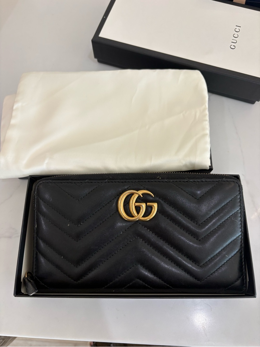 Gucci Black Quilted Chevron Zip-Around Wallet with Gold Double G